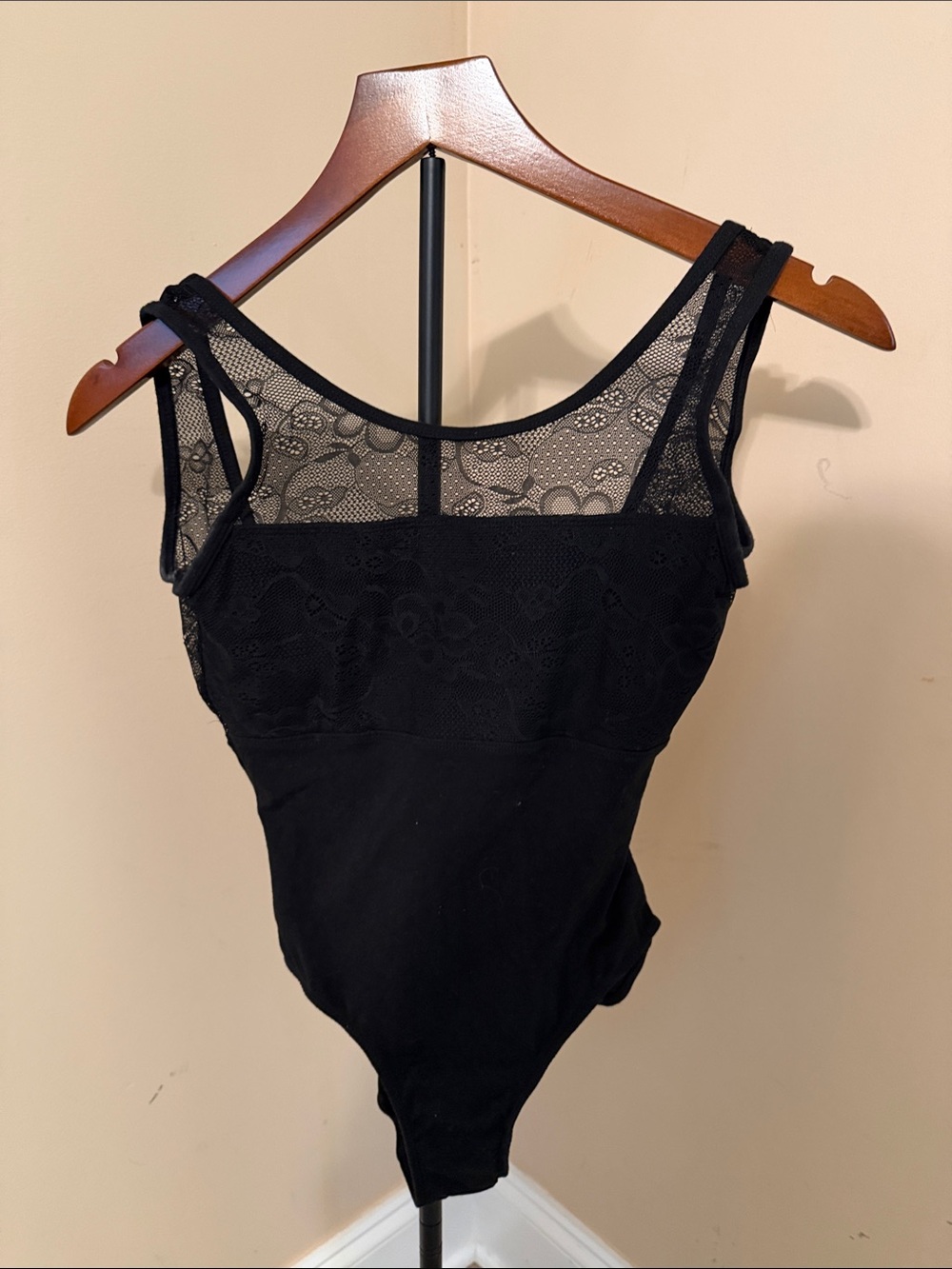 Sheer Lace Yoke Black Bodysuit - Women's Sleeveless Bodysuit